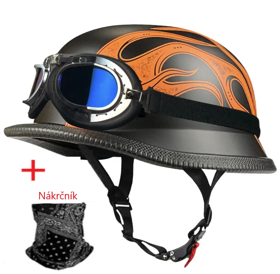 Retro moto helma černá s oranžovým plamenem