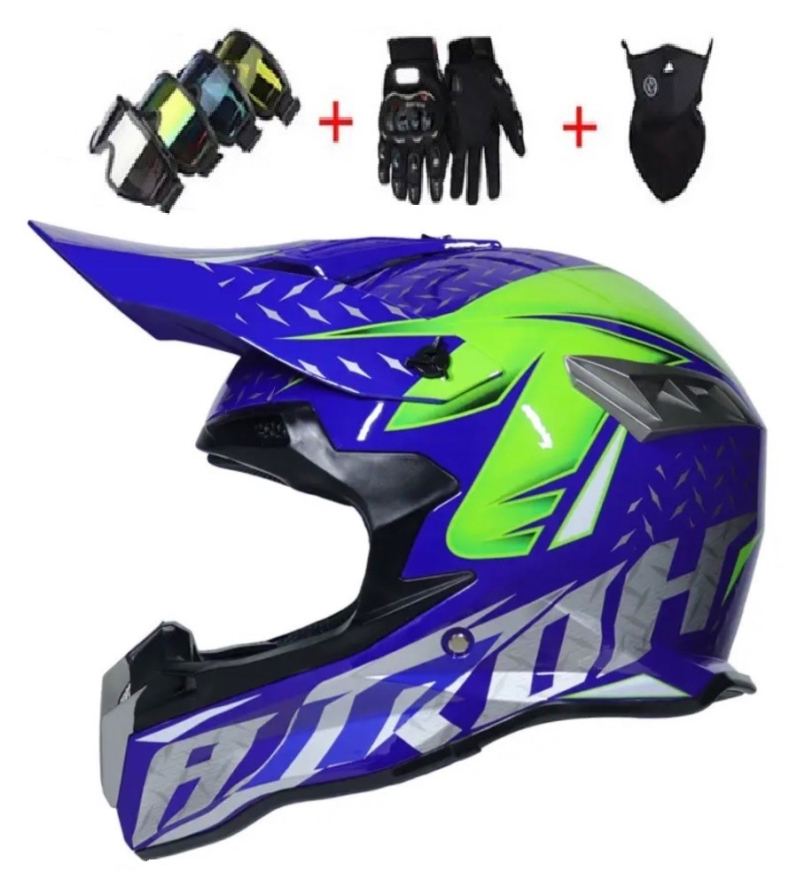 Moto helma krosová modro-zelená SET