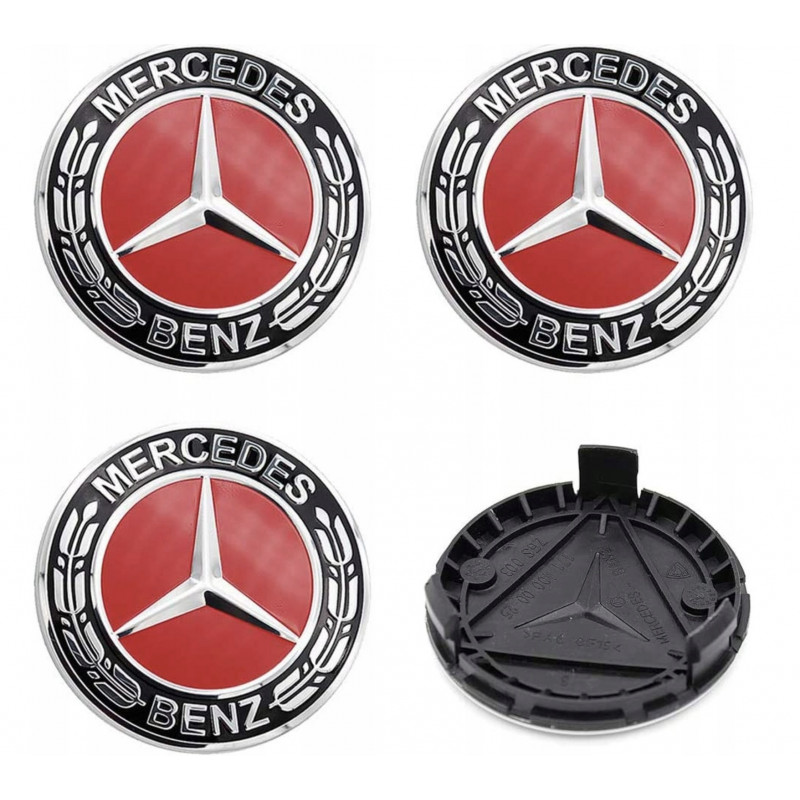 Středové kryty kol s logem Mercedes Benz červené 4Ks 75mm